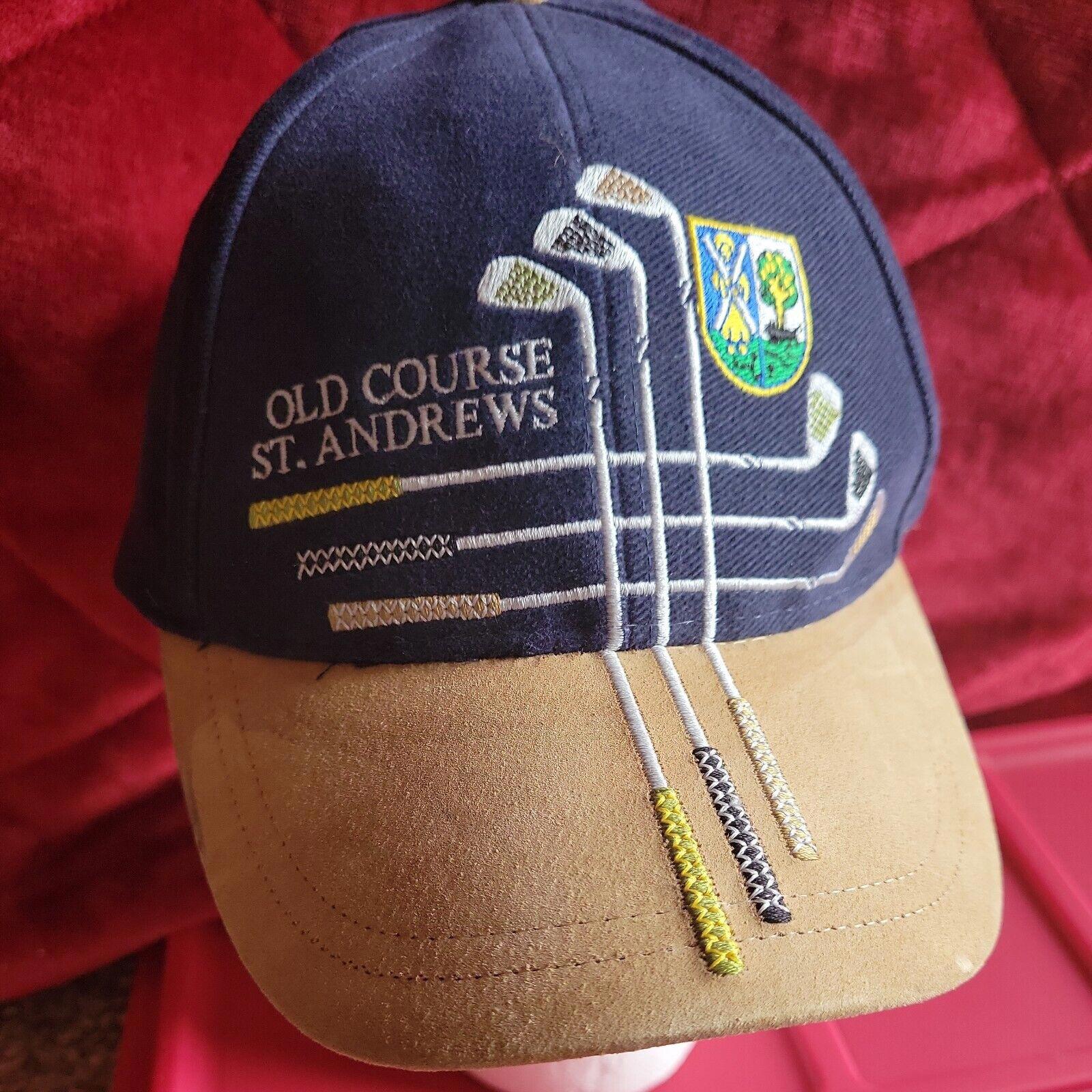 Old Course St Andrews Golf Navy Blue  Tan Suede Strapback Hat